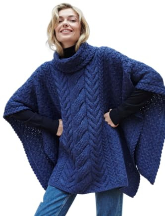 Aran Woollen Mills Poncho super doux en laine mérinos col bénitier bleu encre - taille unique