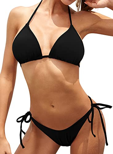SHEKINI Damen Bikinis Set Klassischer Verstellbarer Triangel Bikinioberteil Sexy Rückenfrei Badeanzug Schnürung Bikinihose Strandbikini für Frauen（Schwarz，XL）