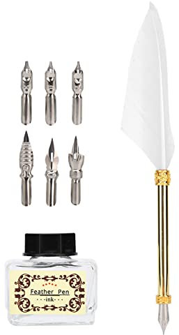 Fdit Feder Stift, 19cm / 7.5in Vintage einfachen Stil kalligraphische Feder Stift mit Schreibfeder und Tintenfass für Weihnachten Geburtstag(Weiß)