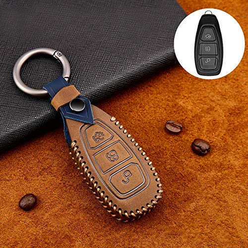 ontto Rindsleder Autoschlüssel Hülle Cover für Ford Mondeo Focus 3 MK3 ST Fiesta Ranger Kuga Escape Ecosport S-Max Titanium Schlüsselhülle Schlüsselanhänger Schlüssel Schutz Etui Fernbedienung-Braun