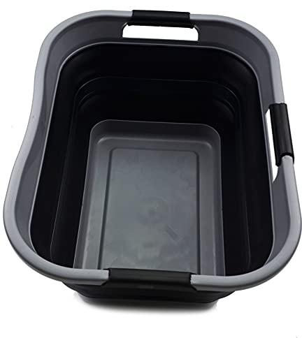 SAMMART 30L Faltbarer Wäschekorb aus Kunststoff – Faltbarer Pop-Up-Aufbewahrungsbehälter/Organizer – Tragbare Waschwanne – Platzsparender Korb/Korb (1, Grau/Schwarz)