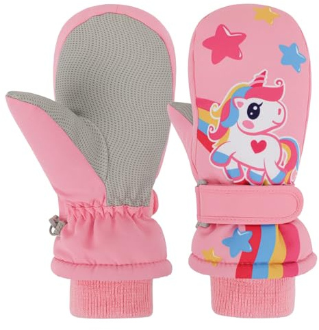 Jupsk Niño Guantes de Esquí Invierno Manopla Impermeable Térmicos Mitones Ski Gloves para Niñas Niños de 2 a 4 años Actividad al Aire Libre (Rosa Unicornio)