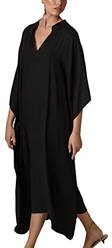 L-Peach Kimono för damer, blommigt broderi, lång klänning, maxiklänning, kaftan, sommarkläder, strandkläder, bohemisk stil, övertäckningskläder, toppar, A* svart, en storlek