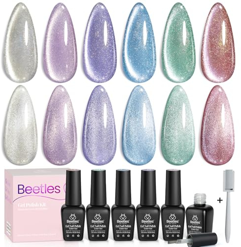 Beetles 6 Colors Holographic Glitter Cat Eye Gel Polish Kit with Magnet Romantic Galaxy Series, Soak Off Uv Led Gel Nail Polish Home Diy Manicure Nail Salon Varnish