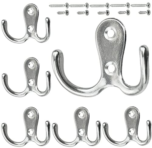 Lot de 6 crochets de porte, crochets doubles avec 24 vis, crochets rétro argentés pour porte et mur, crochets de porte en métal robuste à visser pour suspendre robe, serviette(argent, 6 pièces)