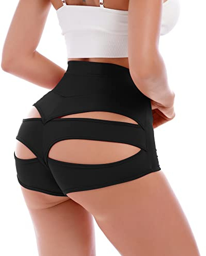Damen Shorts Pole Dance Outfit Sexy Rüschen Hot Pants High Waist Figurformend Shaping Mini Tight Bikini Shorts Sommer Kurze Hose Sweatpants Laufshorts Yoga Gym Festival Rave Techno Hotpants Schwarz S
