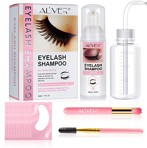 Wimpernverlängerung Shampoo 50ml, mit Spülflasche+Bürsten+Hydrogel-Augenklappe,Lash Shampoo Reiniger,Mascara Wand Augenlid Schäumen Reinigung,Salon- und Heimgebrauch