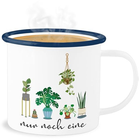 Emaille Becher Blechbecher - Deko Tasse Hobby - Nur noch eine Pflanze Garten Gärtner Geschenk Florist - 300 ml - Weiß Blau - gärtnern metallbecher floristen gärtnerin gartenfans gärtnerinnen