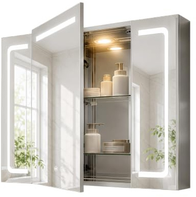 Janboe LED-Medizinschrank aus Edelstahl, Badezimmer-Spiegelschrank mit Licht, 3 Farben, dimmbar, ausgestattet mit Defogger, USB-Steckdose, Innenlicht, 91,4 x 81,3 cm