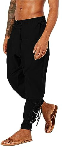 LVCBL Men's Cotton Linen Retro Ankle Banded Pants Medieval Viking Pirate Trousers Black M