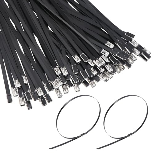 Faankiton 200 Stück 304 Edelstahl Kabelbinder, Stahl Kabelbinder Werkzeug, Metall Kabelbinder Selbstsichernde Edelstahlbinder, Mehrzweck Metalkabelbinder (4.6 * 400mm, Schwarz)
