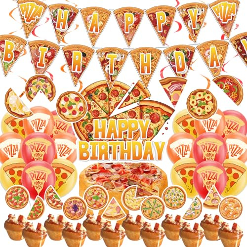 Decoraciones para fiestas de pizza, incluye pancarta de feliz cumpleaños, remolinos colgantes, decoración para tartas y cupcakes, globos para pizza, accesorios de fiesta