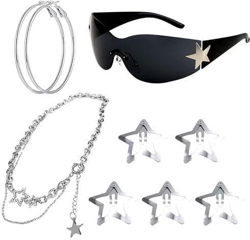 LaVenty Black Y2k Sonnenbrille Punk One Piece Sonnenbrille Für Sonnenschutz Im Sommer Alltagskleidun Star Hair Clip Y2k Aesthetic Accessoires Stern Haarspange Star Hair Clips Star clips
