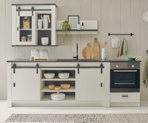 Furn.Design Küche Küchenzeile weiß Pinie und grau/anthrazit Küchenschrank Set 4-teilig Singleküche komplett Kücheneinrichtung 264 x 200 cm Stove (Set 2)