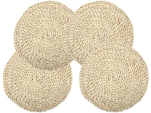 4 Pack Round Woven Placemats, GUDAGUU Plate Chargers Natural Wicker Placemats Water Hyacinth Straw Braided Tablemats Rattan Tablemats Rustic Weave Place Mats for Dining Table (Beige, 11.8 inch)