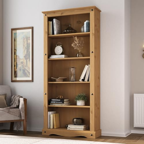 Mews Corona Bookcase Tall Large with 5 Shelves Mexican Pine Solid Wood
