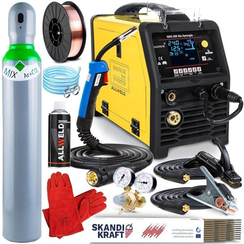 MIG 209 ALU LCD - Synergisches 3 in 1 MIG MAG Schweißgerät - Schutzgas und Fülldraht für: Aluminium, Schwarzstahl, Edelstahl, Lötschweißen - WIG und MMA - Set Professional