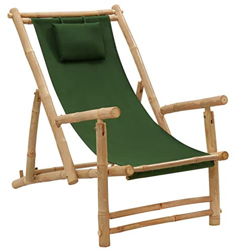 LAPOOH Liegestuhl, Gartenliege, Sonnenliege, Relaxliege, Deckchair, Terrassenstühle, Beach Chair, Saunaliege, Bambus und Canvas Grün