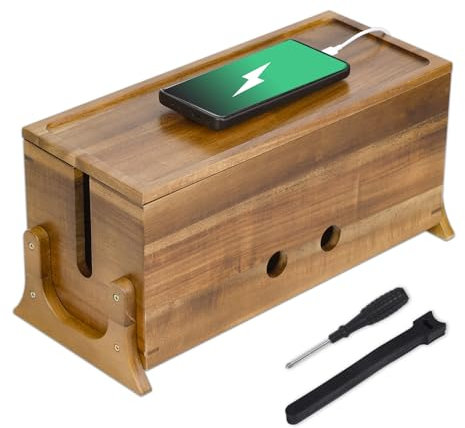 Acacia Wood Extra Large Cable Management Box Cord Organizer Box-Cable Box Organizer Cord Box Hider-Power Strip Box Cord Storage Organizer, Cord Hider Box for Office, TV Wires, Desk Cord Organizer