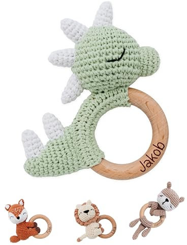 Bärenfreunde® - Personalisierter Beißring Baby - Niedlicher Greifling für Baby's ab 0 Monate - Babyrassel mit Name als Baby Geschenk für Mädchen und Jungen (Dino grün liegend,ohne Name)
