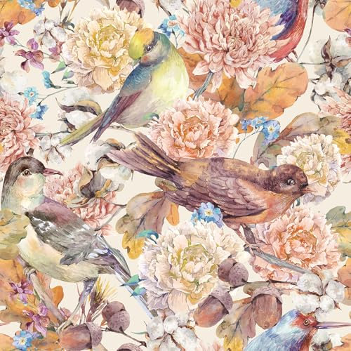FunStick Carta da Parati Floreale Acquerello Rivestimento Parete Camera da Letto Soggiorno Carta da Parati Uccelli e Fiori Beige Pellicola Adesiva per Mobili Muro Floreale Peonia Acquerello 44.5CMx3M