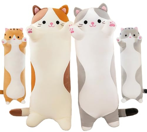 Amozo Chat en Peluche Coussin de Chat Long Oreiller Animé Peluches Geante Chat Doux Jouets Doux Poupée Cadeaux pour Enfants Adultes,1pcs, Gris/130cm