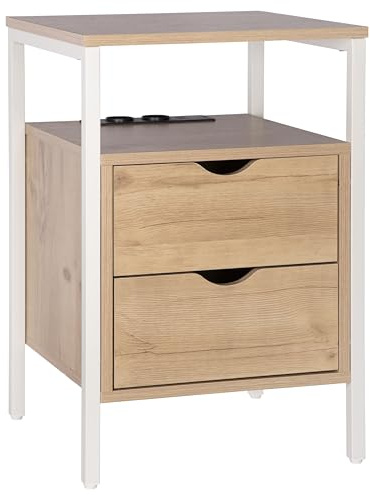 ONVAYA® Beistelltisch mit Steckdosen | Zwei USB-Anschlüsse und zwei Steckdosen, Verstellbare Füße, Modernes Design, Zwei Schubladen und zwei Ablagen