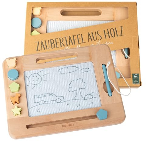 Lutz Mauder magische Maltafel aus FSC-Holz mit 5 Stempeln und Malstift | Zaubertafel für Kinder ab 3 Jahren – malen, löschen und neu gestalten mit 5 Motivstempeln und angebundenem Zeichenstift