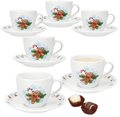 MamboCat Candyman Tasses à café avec soucoupes pour 6 personnes I Service en porcelaine avec décor de Noël bleu glacé pour Noël, Saint-Nicolas et la période de l'Avent