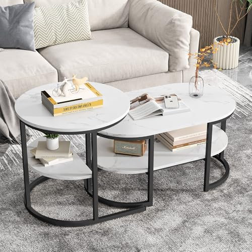 EABYMOR Satztisch-Couchtisch, 2er-Set,Couchtisch mit Kunstmarmorplatte und zusätzlichem Ablagefach,Moderner Satztisch für das Wohnzimmer (Oval, weiß und schwarz)