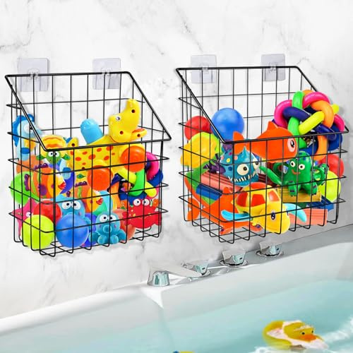 2 Pack Bath Toy Storage Organizer Basket, Large Metal Bathtub Shower Organizer, Wall Mounted Hanging Shower Basket, Bath Toy Holder For Bathtub for Easy Access and Sorting Toys/Clothes/Toiletries