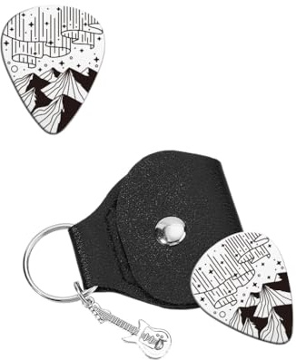 UNICRAFTALE 1 Stück Personalisierte Gitarrenplektren Geschenke Gitarrenplektren Schlüsselanhänger Mountain Aurora Guitar Plectrum Edelstahl Mit PU Lederetui Plektren Gitarrenset Für Gitarrenspieler