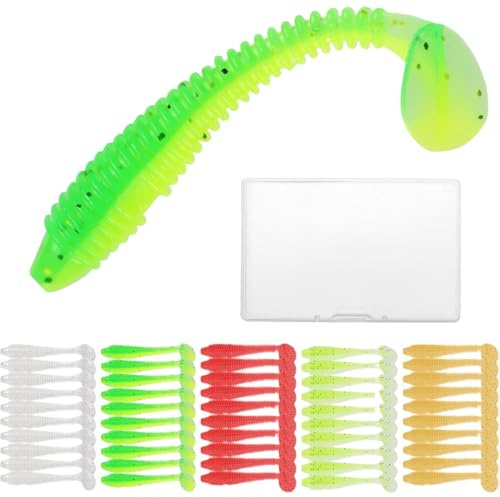 JEYORZY 50 Stück Gummifische Set, Angelköder, Silikon-Bassköder, Schwimmköder, Forellenköder, Angel-Softbait-Set, Angelköder, Kunstköder Forellenköder für Süß und Salzwasser, Angelgeschenke für Männer