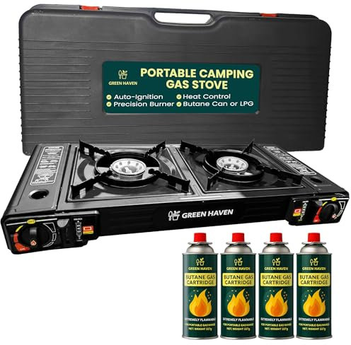 Green Haven Portable Camping Stove - Double Burner Gas Cooker with Auto Ignition - Compact Outdoor Stove with Gas for Camping, BBQ & Outdoor Cooking | EN417 Compliant (STOVE + 4 GAS)