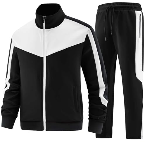ANOTWENER Herr 2 stycken träningsoveraller, set, lediga långa ärmar, full dragkedja, jacka och joggingdräkt, sportkläder, svart, L