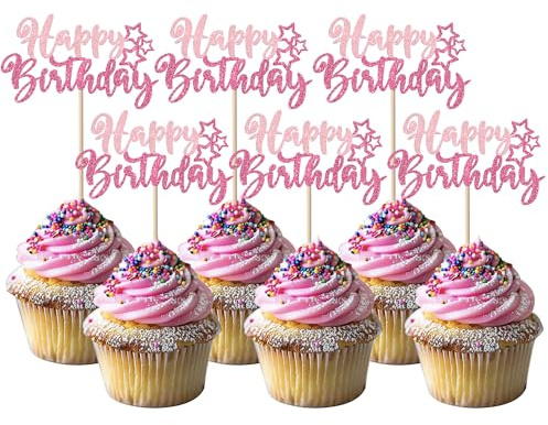 SYKYCTCY 24 Pack Happy Birthday Cupcake Toppers Glitter Happy Birthday Cupcake Picks for Celebrating Birthday Anniversary Theme Party Cake Decorations Supplies Pink