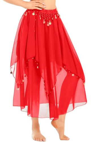 Belly Dance Skirt with Coins - Chiffon Wrap Skirt for Women with Hand-Sewn Metallic Coins, Stage Performance & Yoga (US, Alpha, One Size, Regular, Regular, Red)