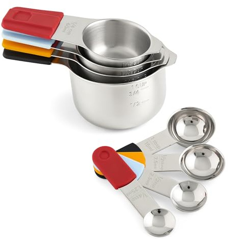 Deiss PRO Stainless Steel Measuring Cups and Spoons Set - Magnetic Measuring Spoons Set, 8-Piece Metal Measuring Cups, 4 Dry Measuring Cups, 4 Spoons, Color-Coded Handles, Dishwasher Safe