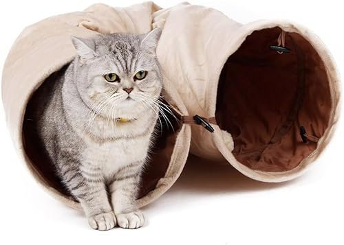 Purpurra Katzentunnel extralang faltbar Katzenspielzeug Rascheltunnel Spieltunnel 116cm mit 4 Eingängen und Spielball (Beige)
