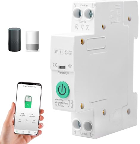 WiFi 1P+N smart strömbrytare, WLAN-relä för DIN-skena, Tuya/Smart Life app fjärrkontroll, Alexa/Google röststyrning, timer, gör-det-själv, SmartHome Metering, timer, WLAN
