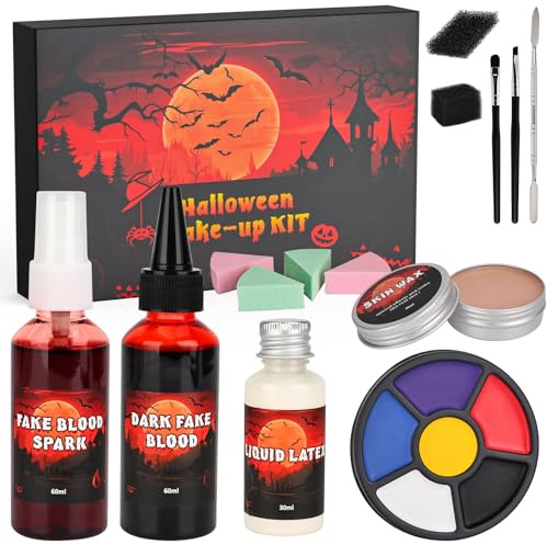 Kunstblut Halloween, Halloween Schminke Set, 60ml Kunstblut Spray, 60ml dunkelrotes Kunstblut, Flüssiges Latex, Narbenwachs, Make-up Pinsel, 6 Farben Make Up Palette, Schwamm für Zombie Vampir Cosplay