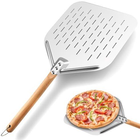 Foydream 74cm Pala Pizza, Pala para Pizza con Mango de Madera Desmontable de 43cm y Espátula de 30,5x39cm, Aluminio Espátula para Pizza Con Agujeros Apto para Repostería Doméstica, Piedra Pizza Horno.