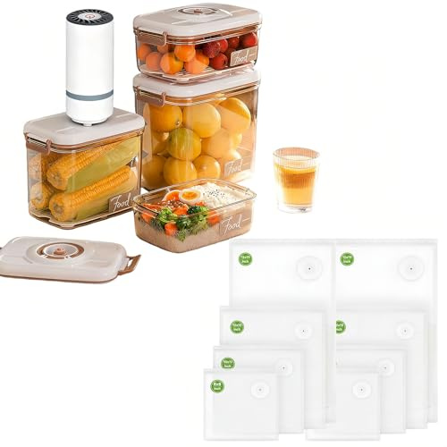 LAZYTAIL 4-Pc Airtight Containers with Vacuum Sealer - Food-Grade Plastic Storage for Cereal, Flour, Sugar, Includes 8 Reusable Bags, Kitchen & Pantry Organization (4, Rectangular)