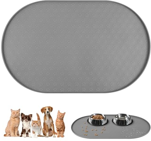 Adiwo Napfunterlage für Hunde und Katze, Silikon Wasserdicht Haustier Fütterung Matte, rutschfeste Futtermatte Katze Hunde mit Erhöhten Rändern, Haustierfutter Matte, Stil B-Grau