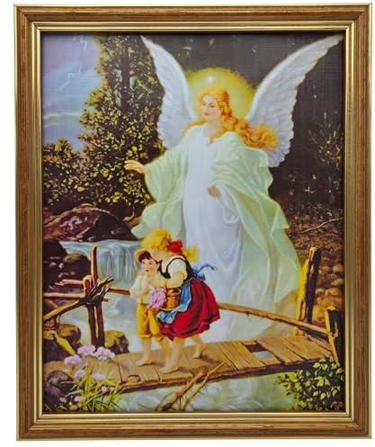 Lunexus Schutzengelbild 27x22 cm – Engel führt Kinder über Brücke | Gesegnet mit Zertifikat – Echtglas, Massivholzrahmen – Handgefertigt in Deutschland – Taufe, Geburt, Kommunion, Firmung