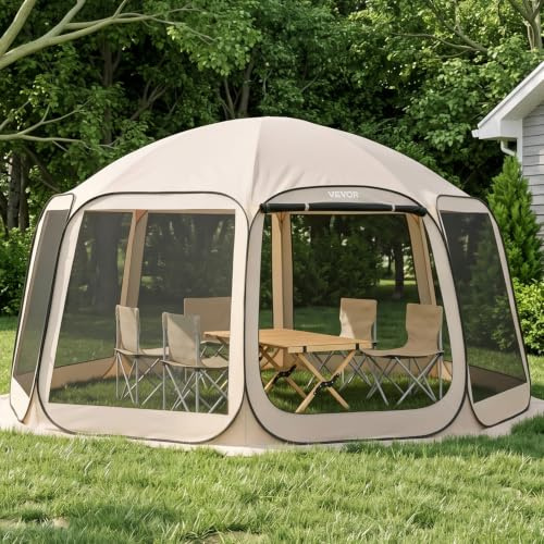 VEVOR Tente Moustiquaire Pop Up 450x425x245 cm Abri Moustiquaire Pliant 12-15 Personnes Tente Portable pour Jardin Terrasse Cour Activités Plein Air, avec Sac de Transport, Piquets de Fixation, Beige