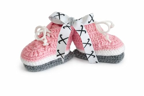 Handmade Crochet Hockey Skate Booties, Pink, Soft Acrylic Yarn, Infant 0-9 Months, Photo Prop Gift (US Footwear Size System, Infant, Age Range, Medium, 3 Months, 6 Months)