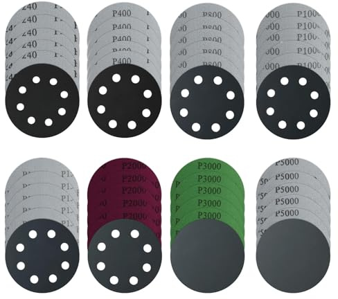 48 stycken slipskivor 125 mm kardborreband, kornstorlekar 240/400/800/1000/1500/2000/3000/5000 excentrisk slipning, slippapper 125 mm kardborreband, slippapper med 8 hål för sandpapperstallrikar
