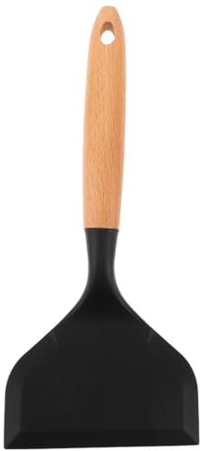 GALPADA Silicone Turner Spatula - 11.5cm Wide Head with Wooden Handle Heat, Prevents Food Tearing Resistant Non-Stick Tamagoyaki Flipper for Pancakes, Eggs, Steaks & Fish - Black