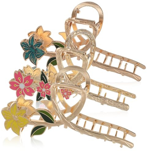 Hohopeti 3pcs Flower Hair Claw Clips Set for Women, Metal Hair Clip Clamps with Yellow Lily, Green Lily, Pink Peach Blossom, Strong Hold for Styling and Updos